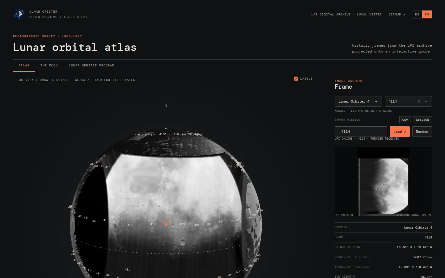 Screenshot of the atlas showing the Lunar Orbiter 4 mosaic on the 3D globe and frame 4114 in the side panel